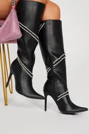 Alessia Embellished Knee High Boots - Black