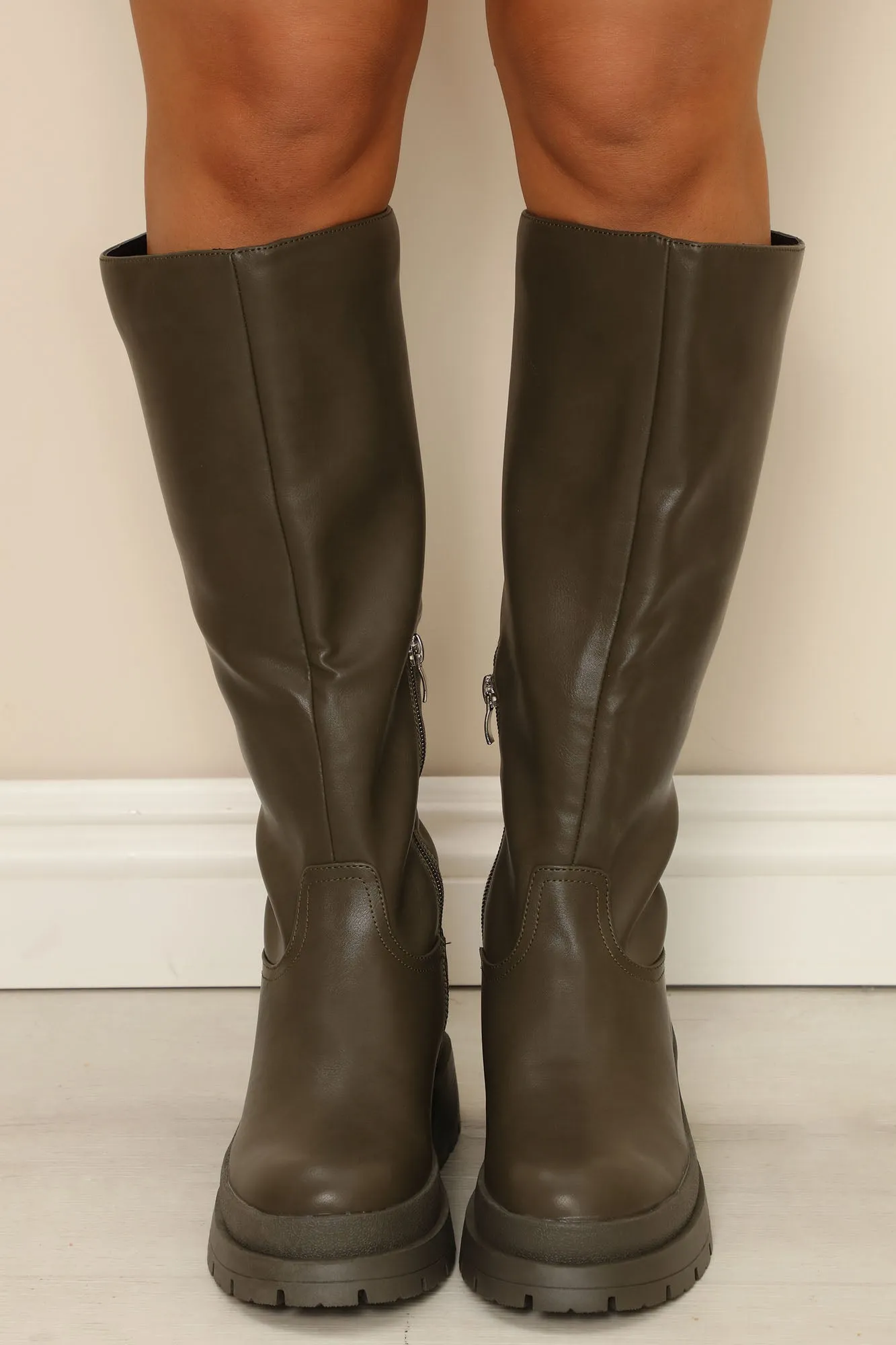 All On My Own Knee High Boots - Olive