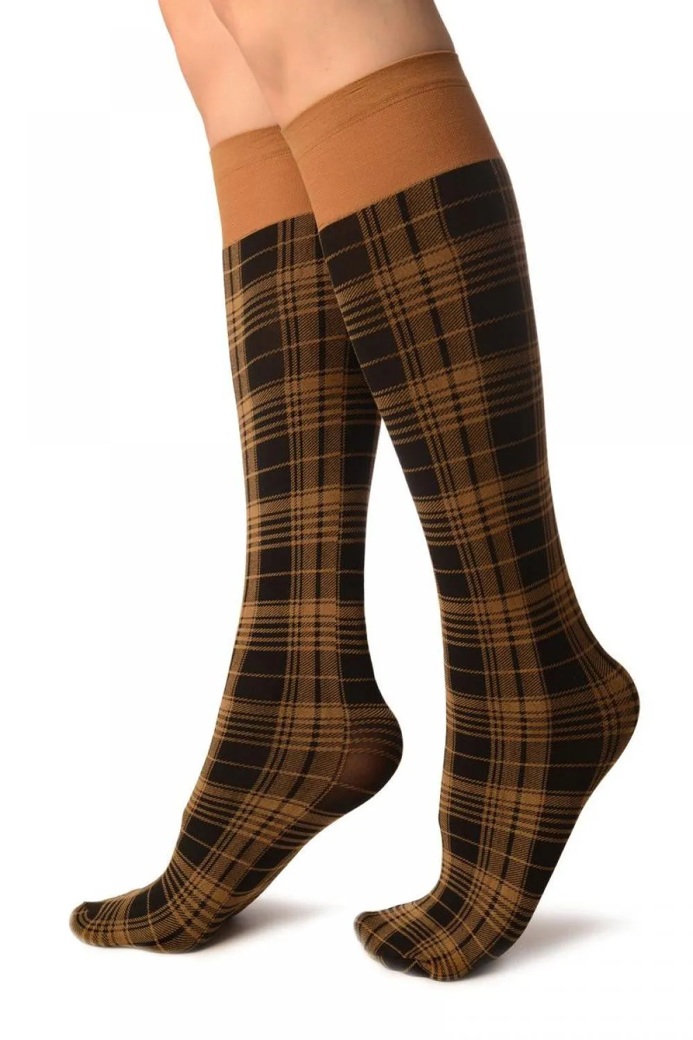 Beige Scottish Tartan Socks Knee High