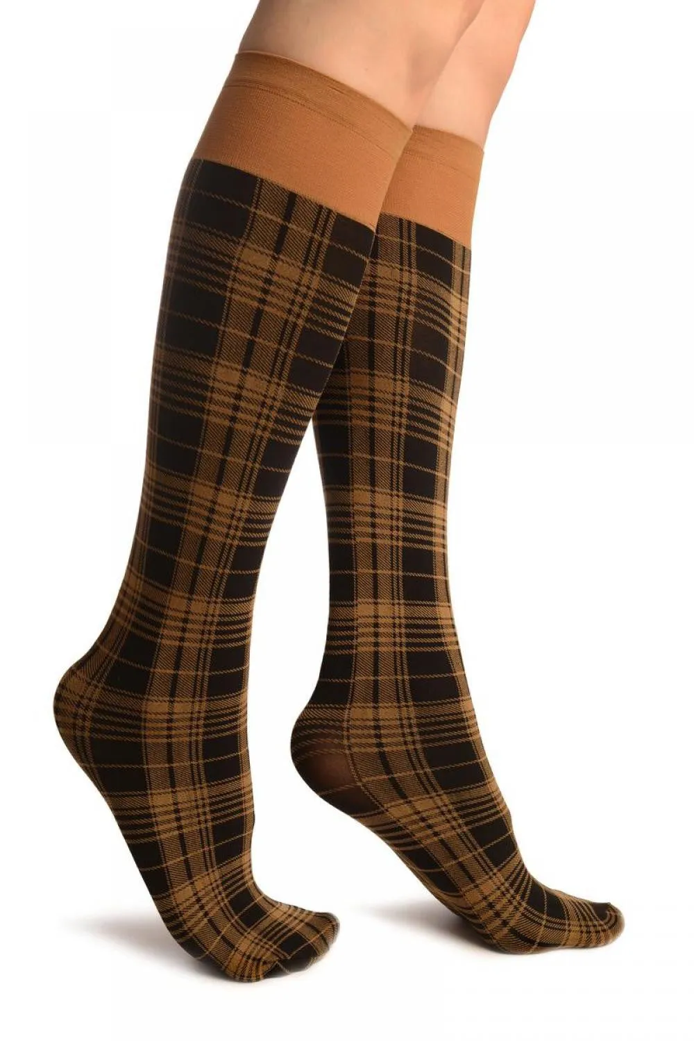 Beige Scottish Tartan Socks Knee High