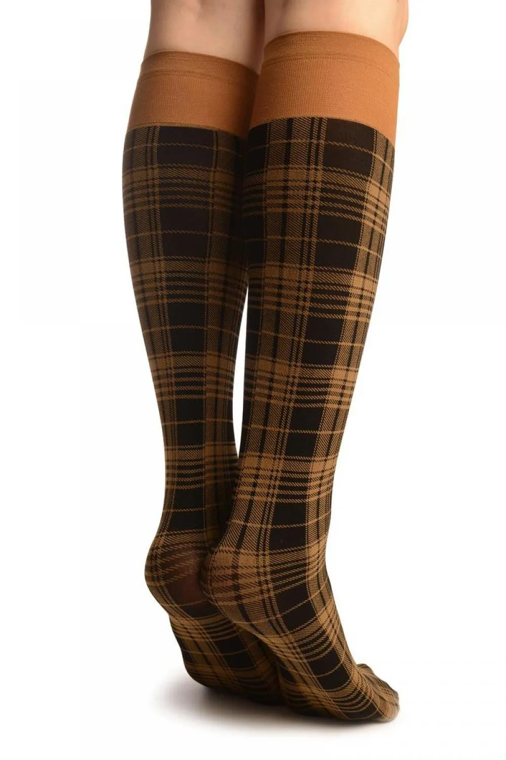 Beige Scottish Tartan Socks Knee High