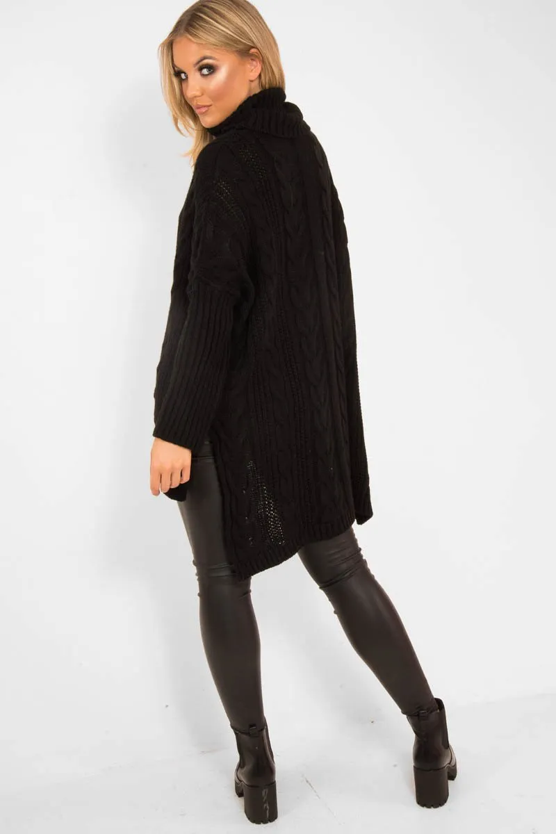 Black Cable Knit Roll Neck Jumper - Laraina