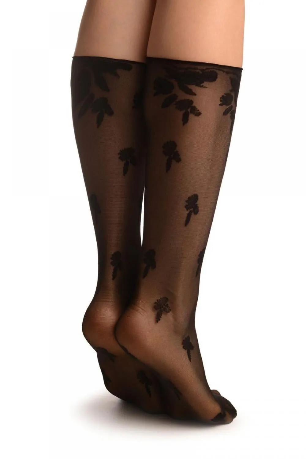 Black Chrysanthemum Flowers With Comfortable Top Socks Knee High