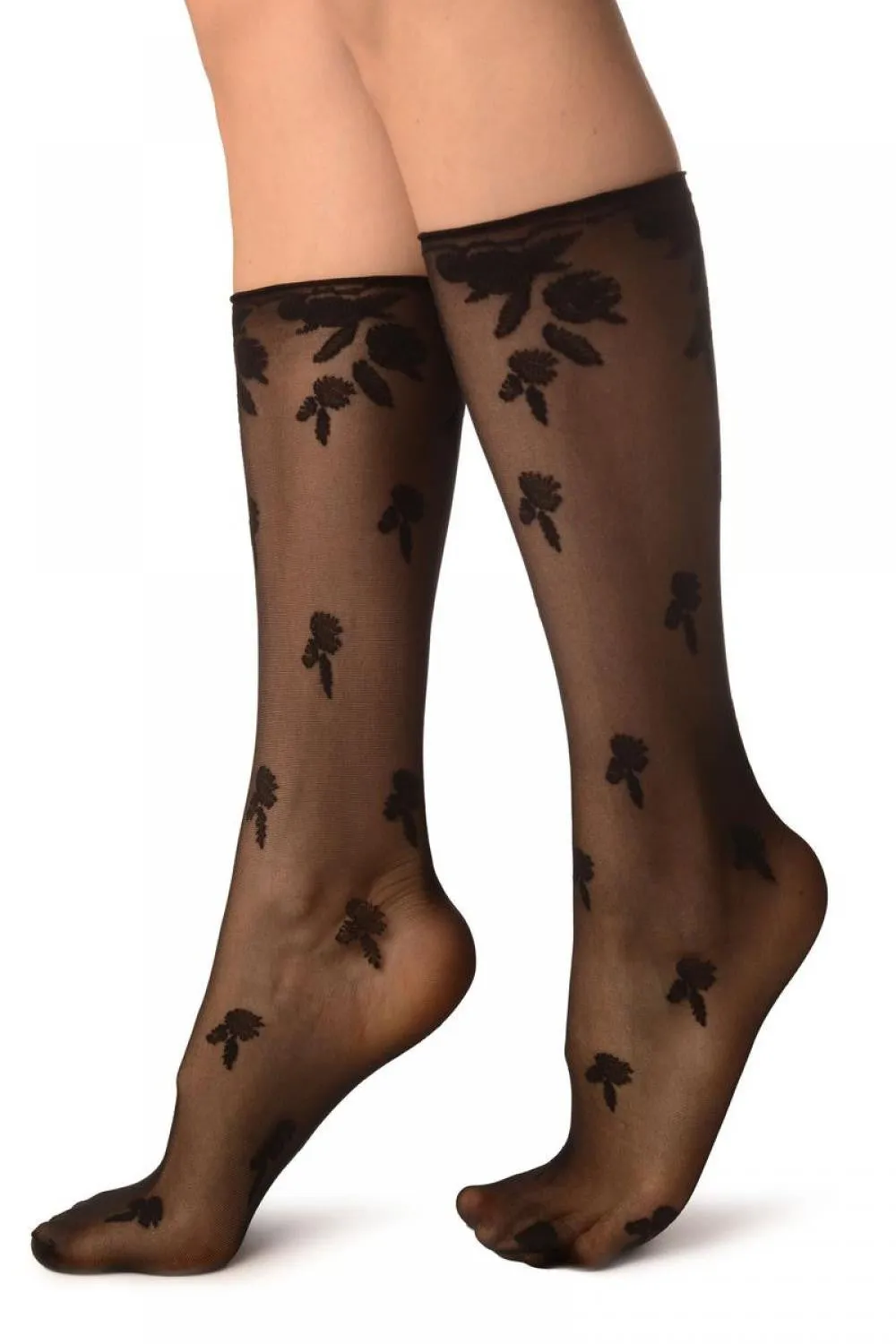 Black Chrysanthemum Flowers With Comfortable Top Socks Knee High