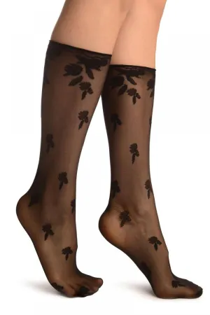 Black Chrysanthemum Flowers With Comfortable Top Socks Knee High