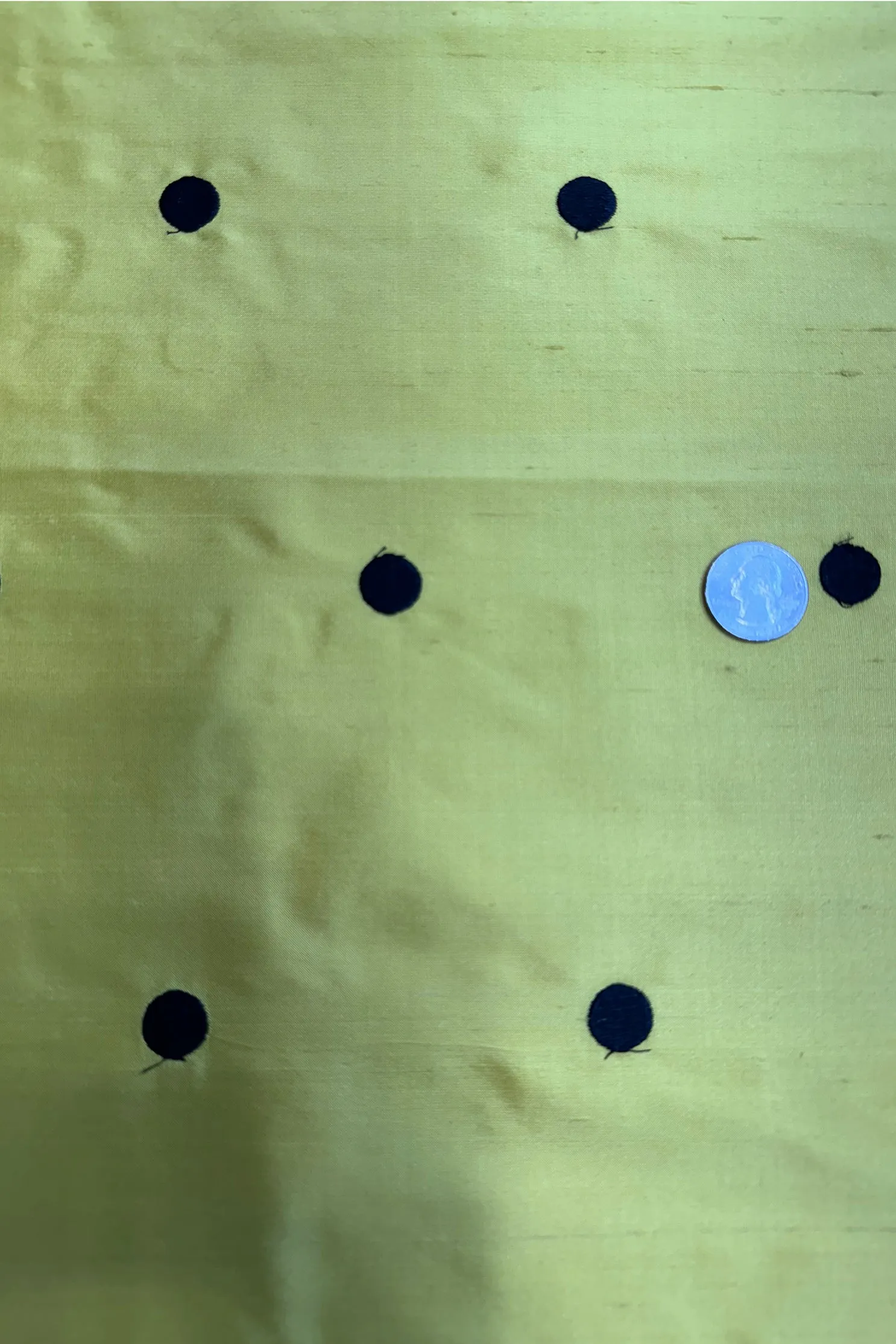 Black Dots on Yellow Shantung Embroidered Dupioni Silk