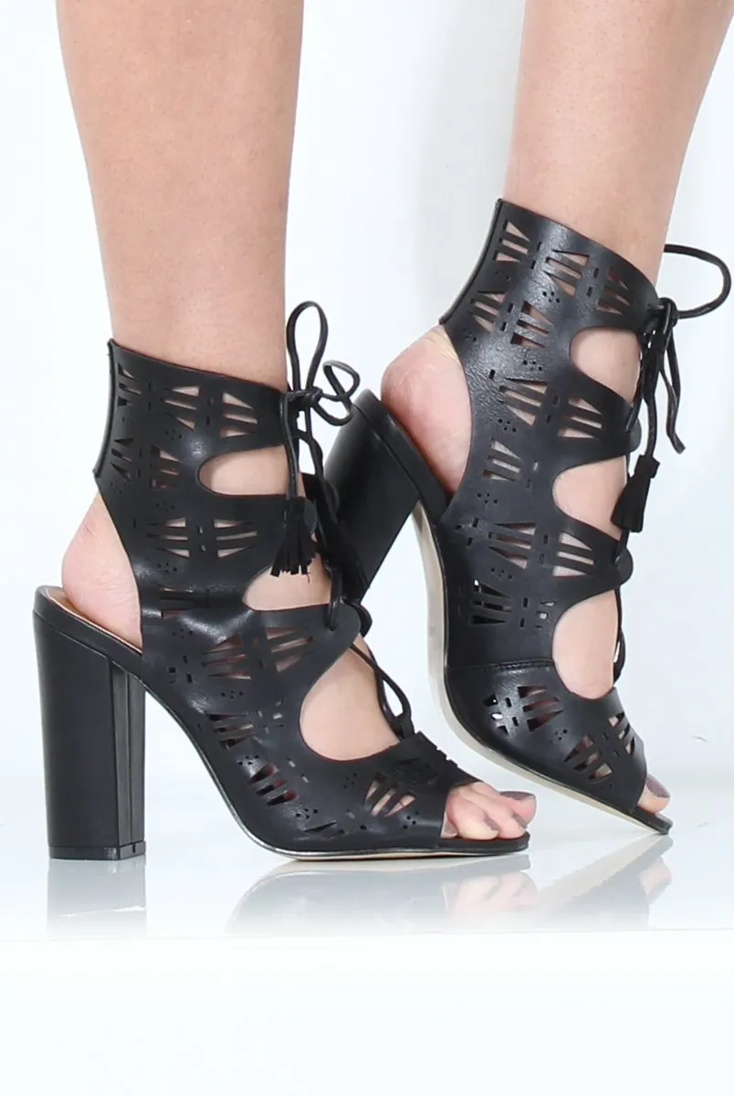 Black Lazer Cut Lace Up Heels - Viola