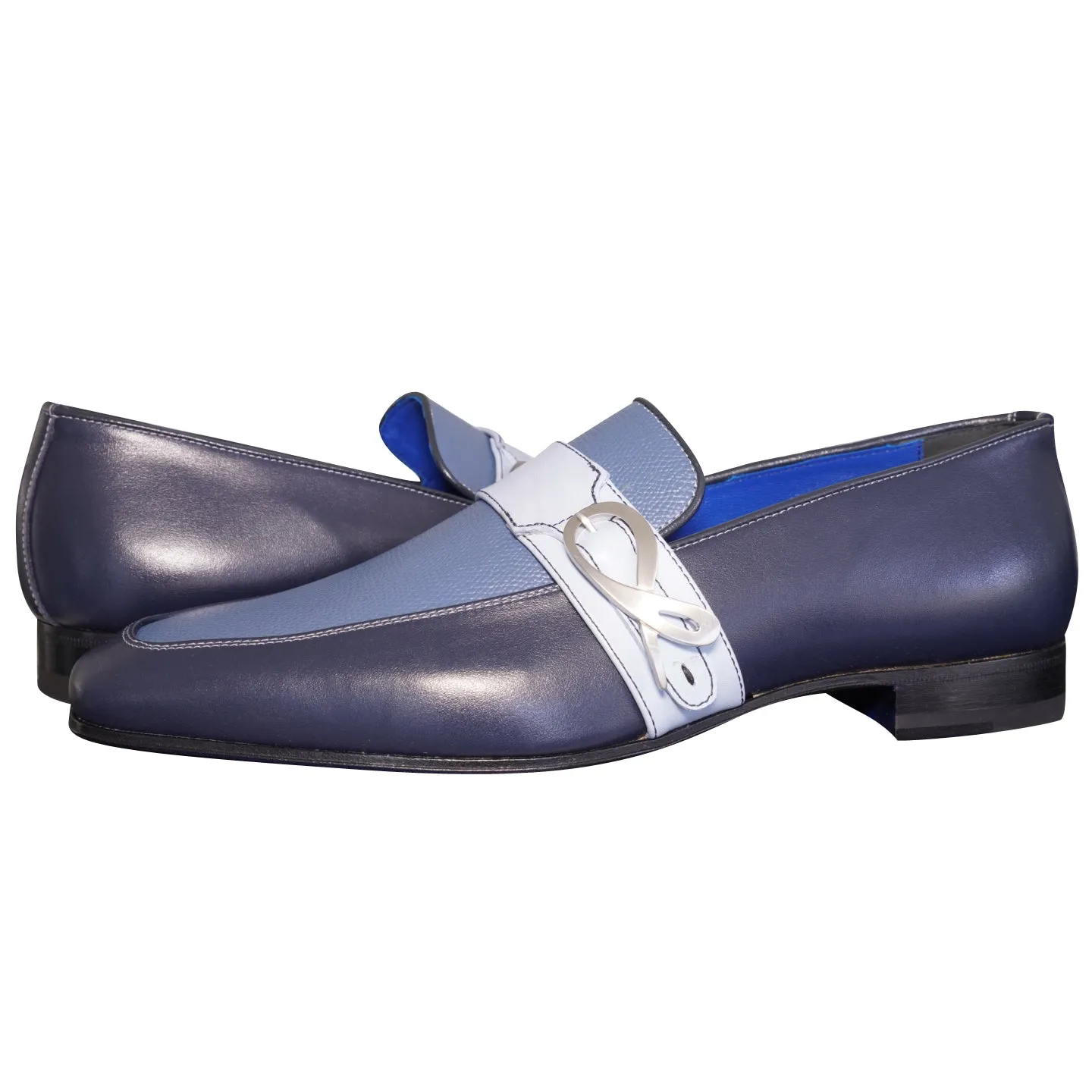 Blu Maya Leather Monk Strap loafer With Silver Buckle