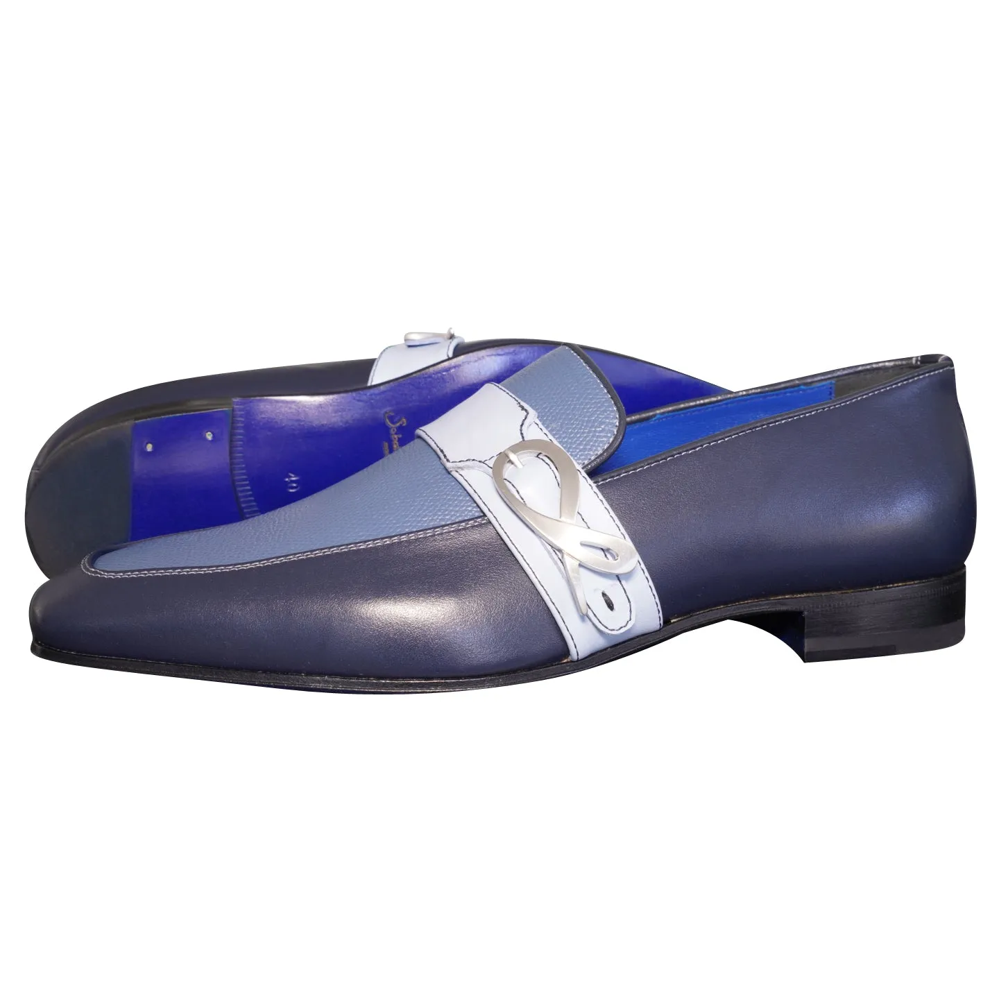 Blu Maya Leather Monk Strap loafer With Silver Buckle