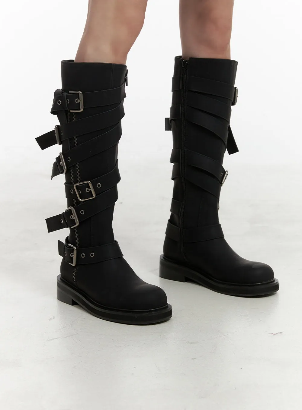 Buckled Leather Knee-High Boots OA425