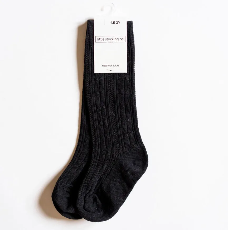 Cable Knit Knee High Socks - Black