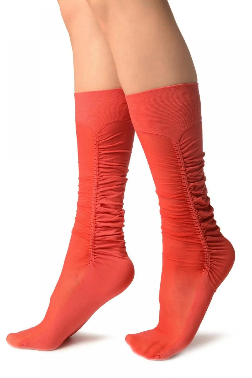 Coral Red Sheer & Opaque Sides Socks Knee High