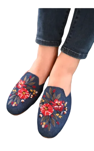 Golden Step Ladies Embroidery Slippers (Prussian Blue)