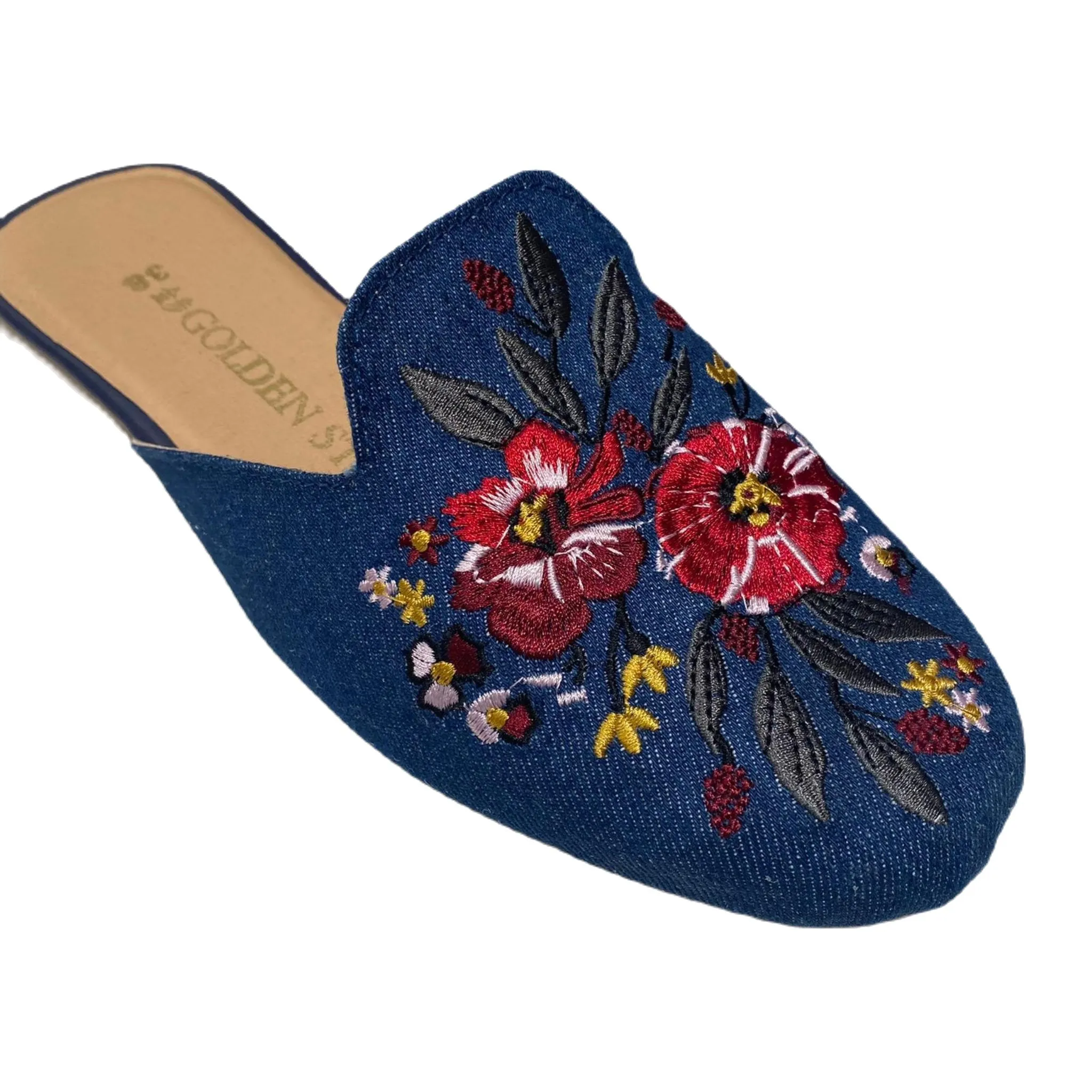 Golden Step Ladies Embroidery Slippers (Prussian Blue)