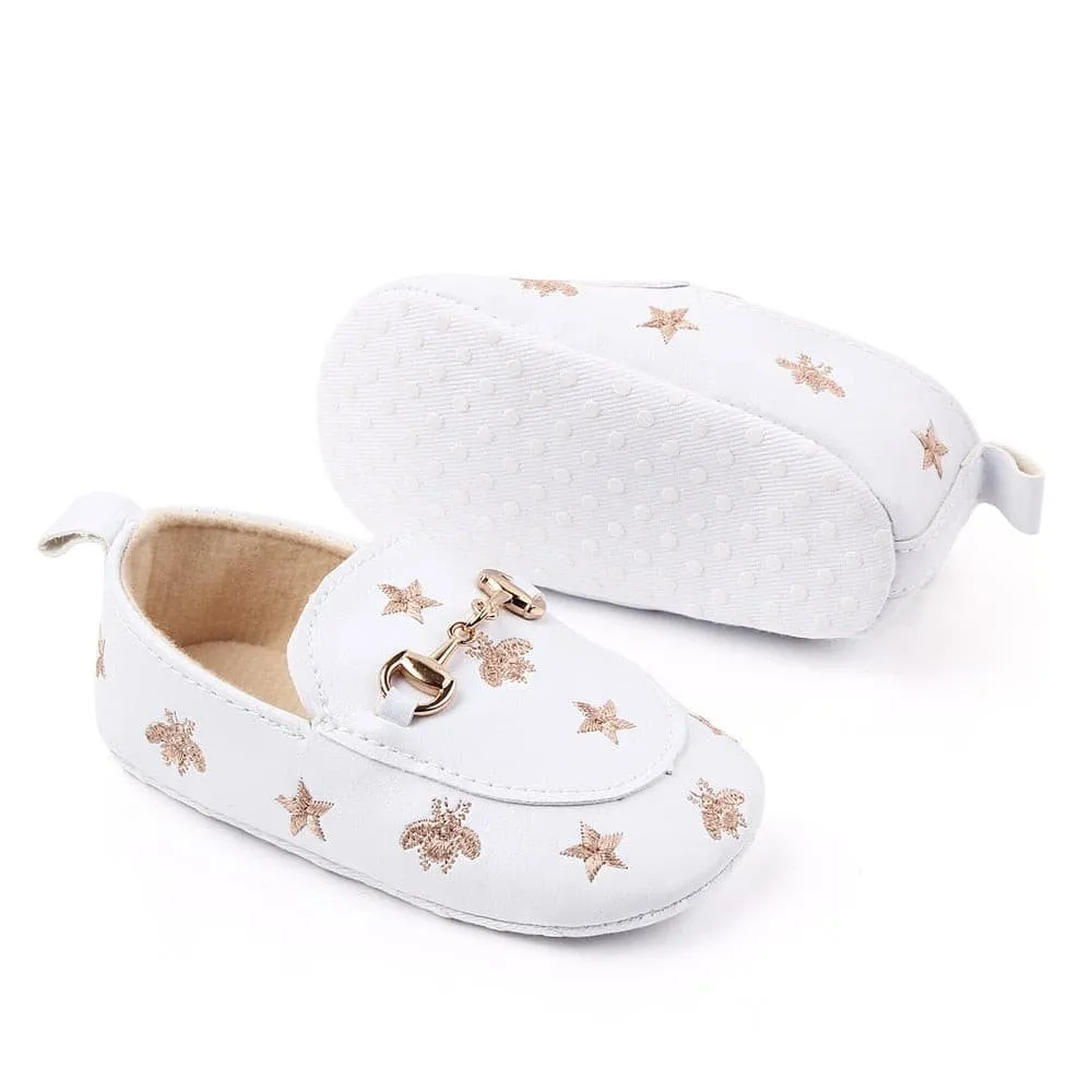 Grandi - Baby Loafers with Stars & Bee Embroidered and Gold Horsebit Buckle