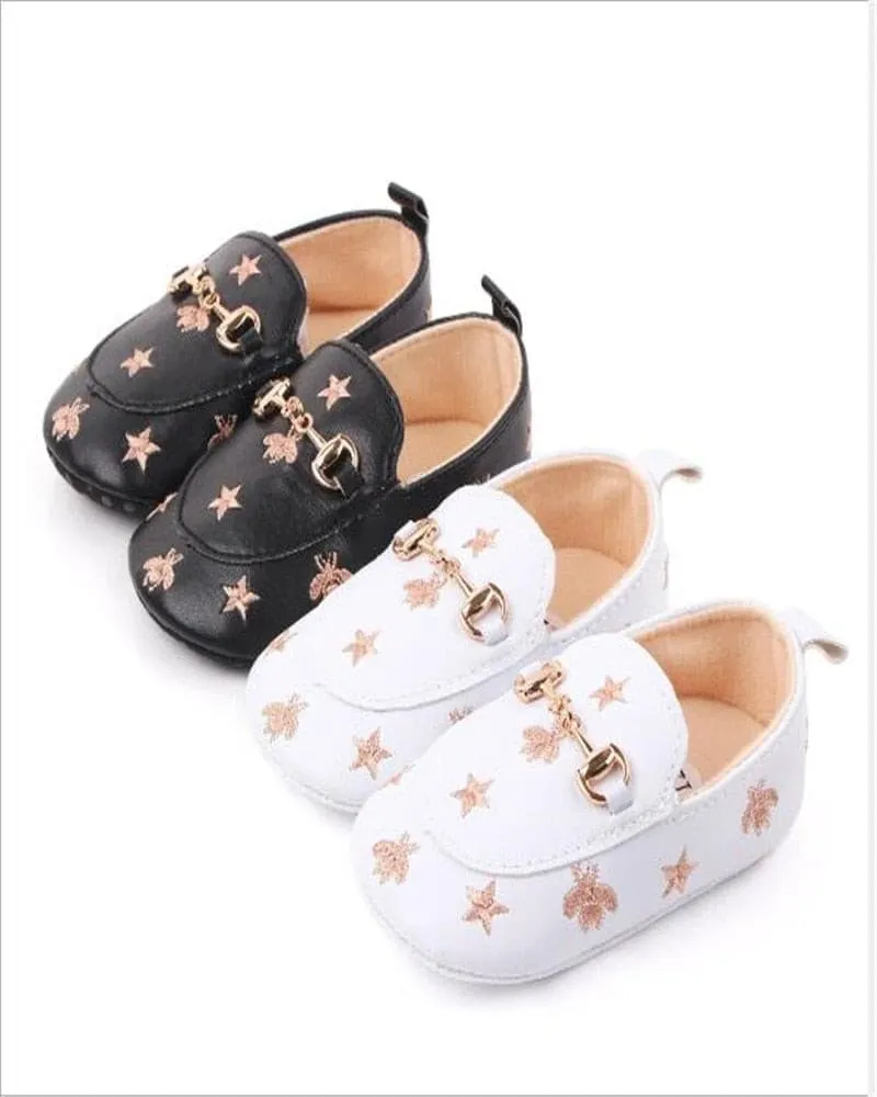 Grandi - Baby Loafers with Stars & Bee Embroidered and Gold Horsebit Buckle