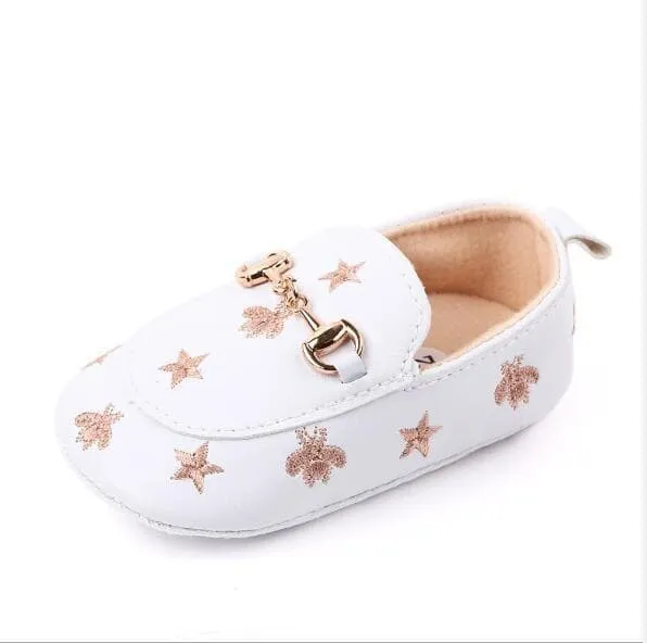 Grandi - Baby Loafers with Stars & Bee Embroidered and Gold Horsebit Buckle