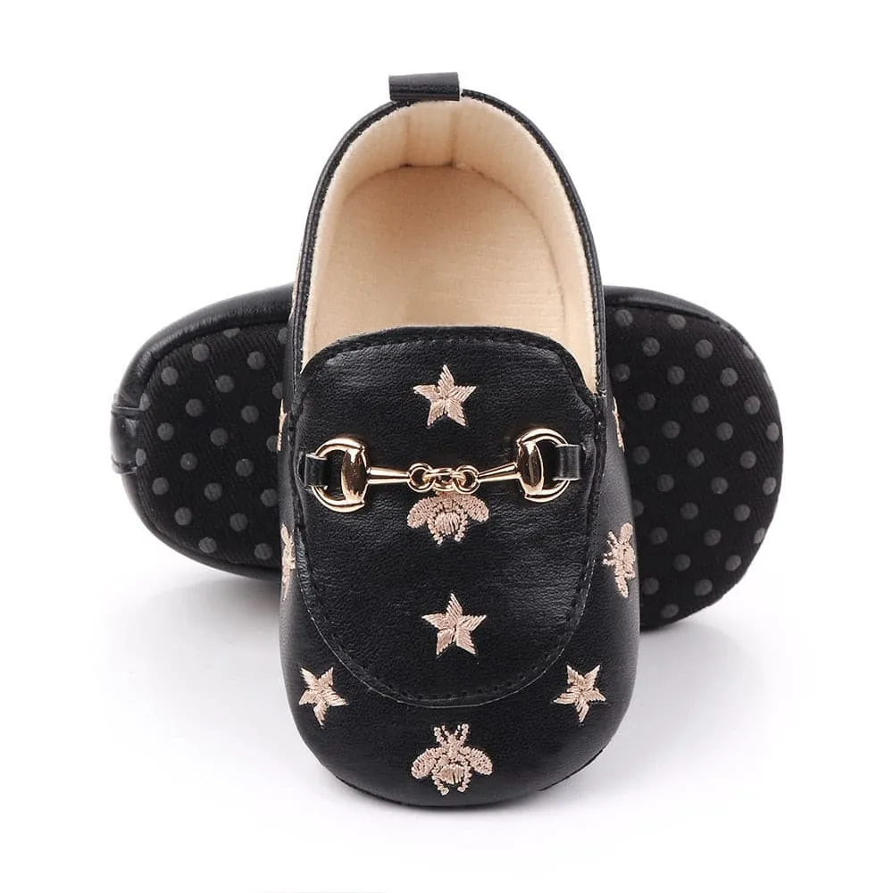 Grandi - Baby Loafers with Stars & Bee Embroidered and Gold Horsebit Buckle