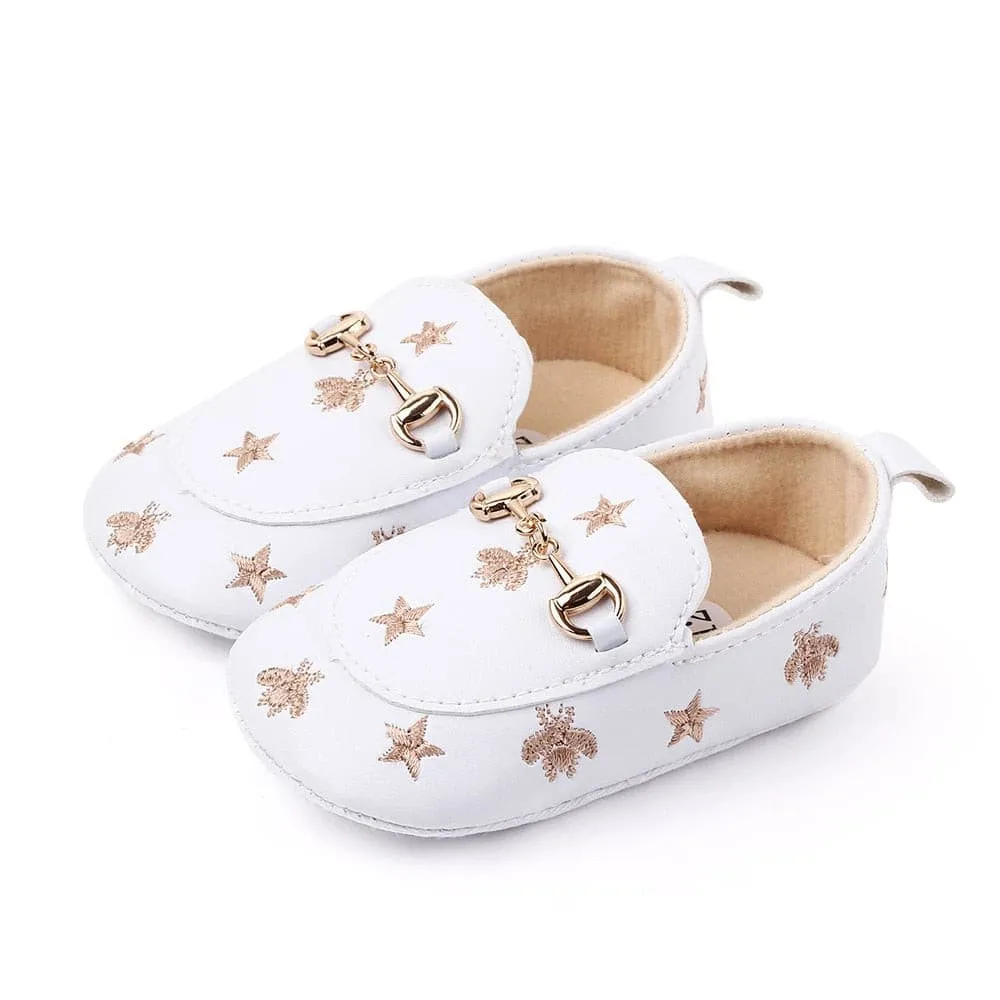 Grandi - Baby Loafers with Stars & Bee Embroidered and Gold Horsebit Buckle