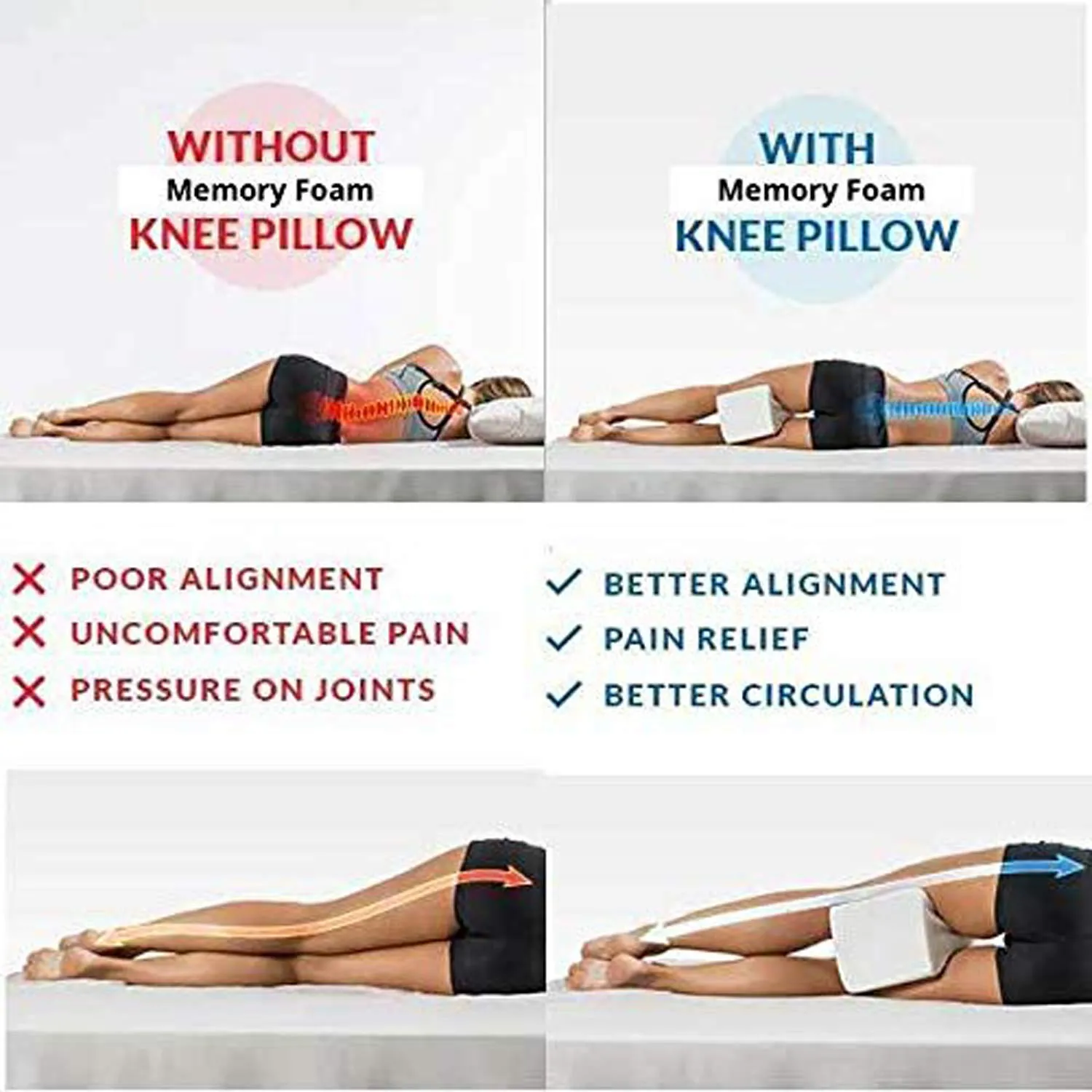 Heart Home Memory Foam Orthopedic Knee Support Leg Rest Pillow for Side Sleepers, for Relief from Sciatica, Back Pain, Leg Pain, Pregnancy, Post Surgery, Hip & Joint Pain (Black) HEART671, Standard