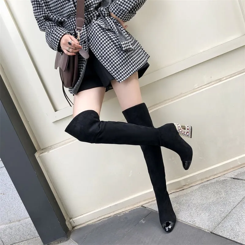 LuxeGold Exotic Pointed Toe Slip-on Knee-High Boots