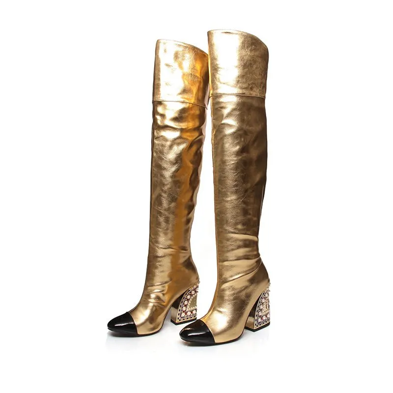 LuxeGold Exotic Pointed Toe Slip-on Knee-High Boots