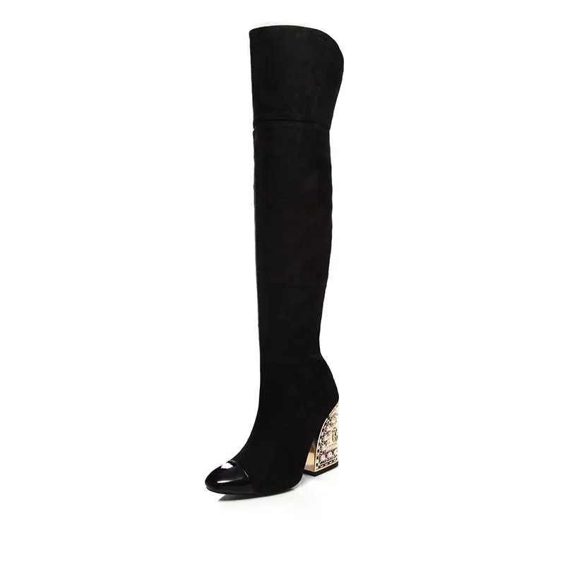 LuxeGold Exotic Pointed Toe Slip-on Knee-High Boots