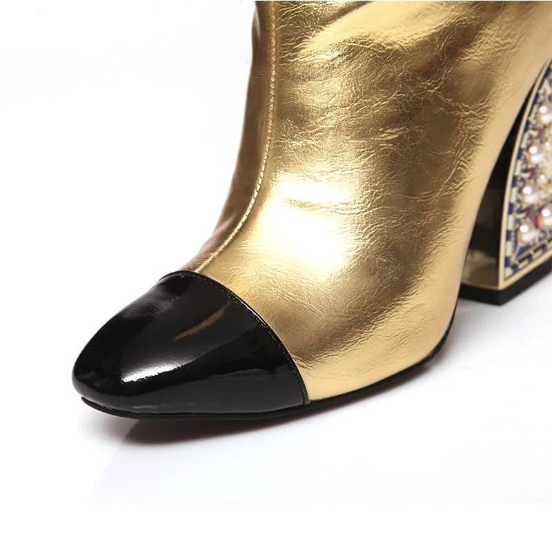 LuxeGold Exotic Pointed Toe Slip-on Knee-High Boots