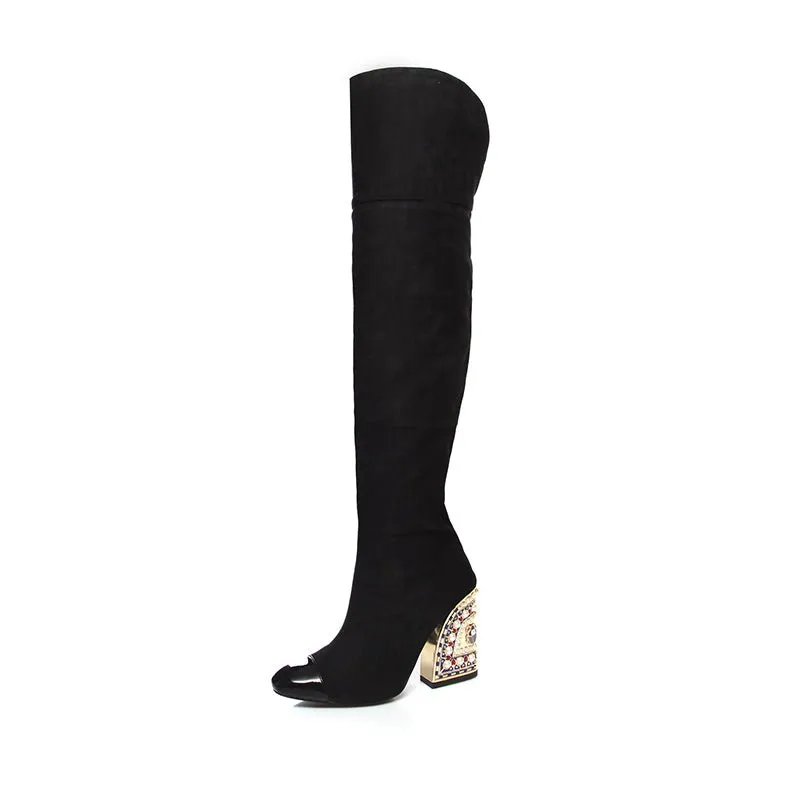 LuxeGold Exotic Pointed Toe Slip-on Knee-High Boots