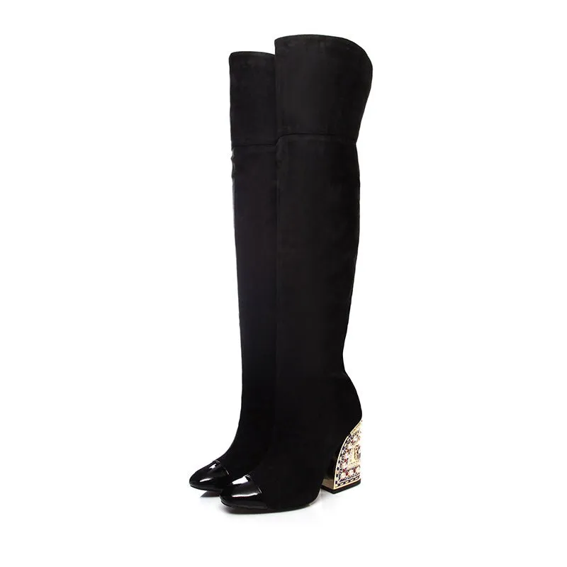 LuxeGold Exotic Pointed Toe Slip-on Knee-High Boots