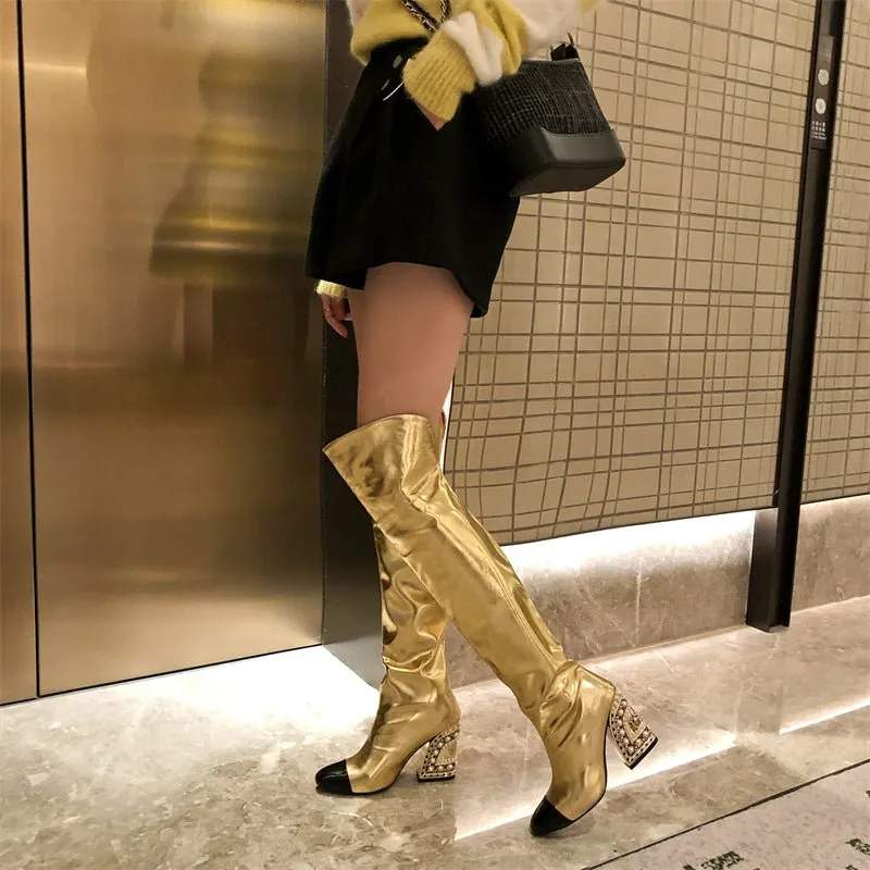 LuxeGold Exotic Pointed Toe Slip-on Knee-High Boots