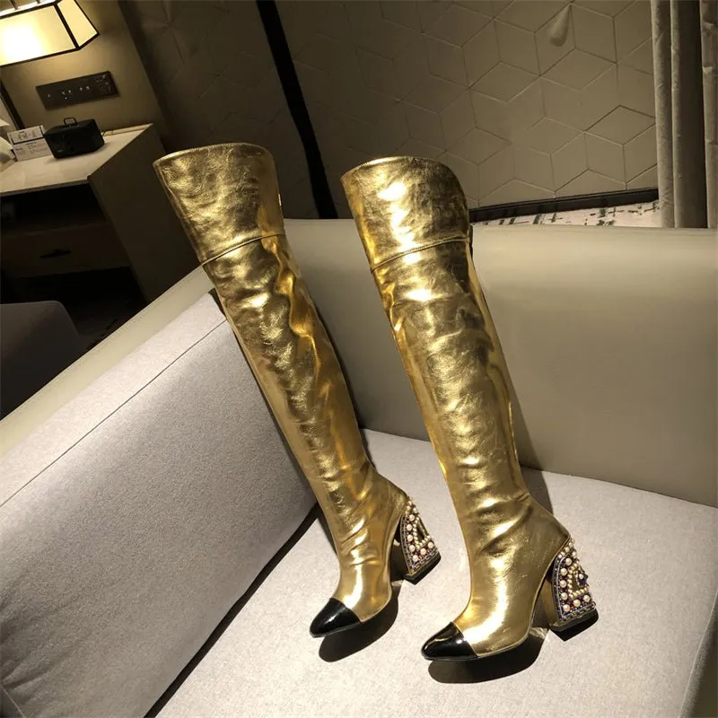 LuxeGold Exotic Pointed Toe Slip-on Knee-High Boots