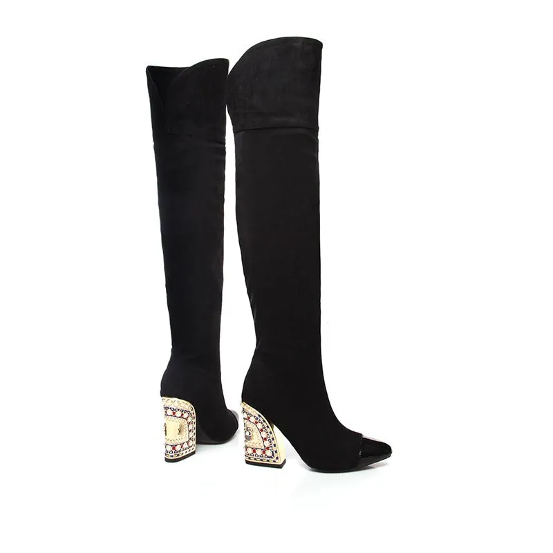 LuxeGold Exotic Pointed Toe Slip-on Knee-High Boots