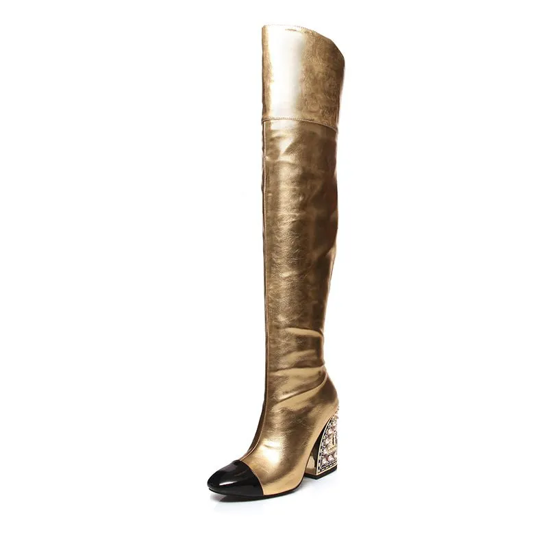 LuxeGold Exotic Pointed Toe Slip-on Knee-High Boots