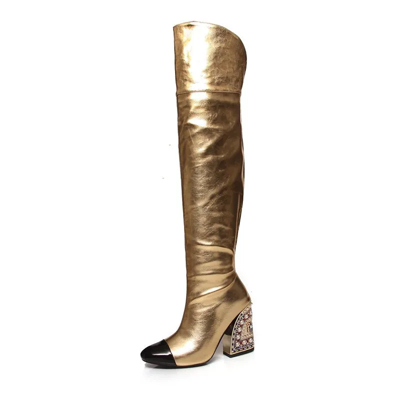 LuxeGold Exotic Pointed Toe Slip-on Knee-High Boots