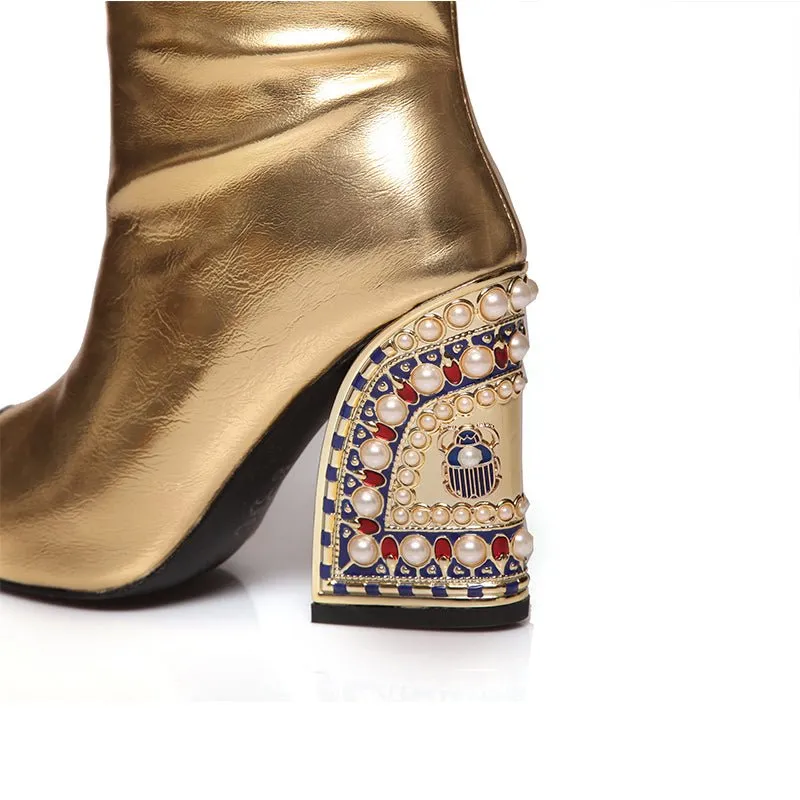 LuxeGold Exotic Pointed Toe Slip-on Knee-High Boots