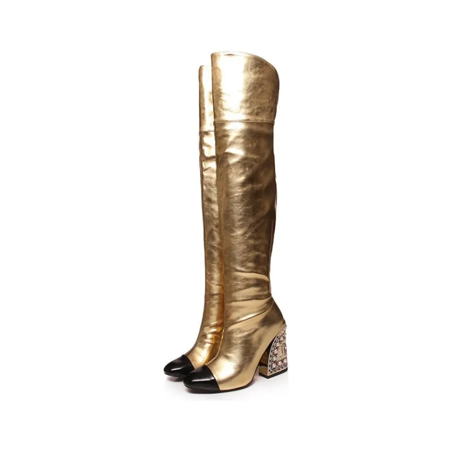 LuxeGold Exotic Pointed Toe Slip-on Knee-High Boots