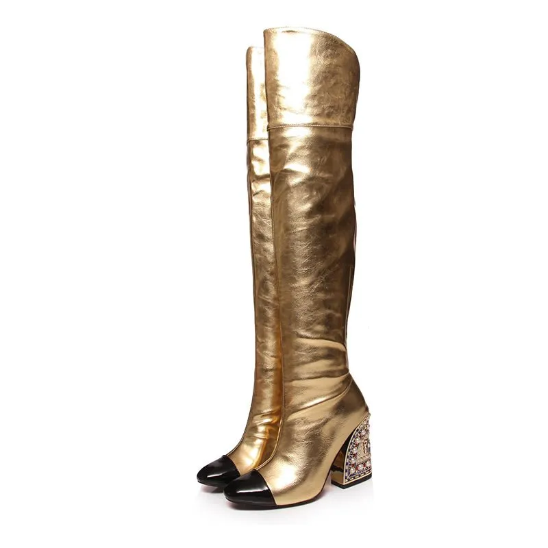 LuxeGold Exotic Pointed Toe Slip-on Knee-High Boots