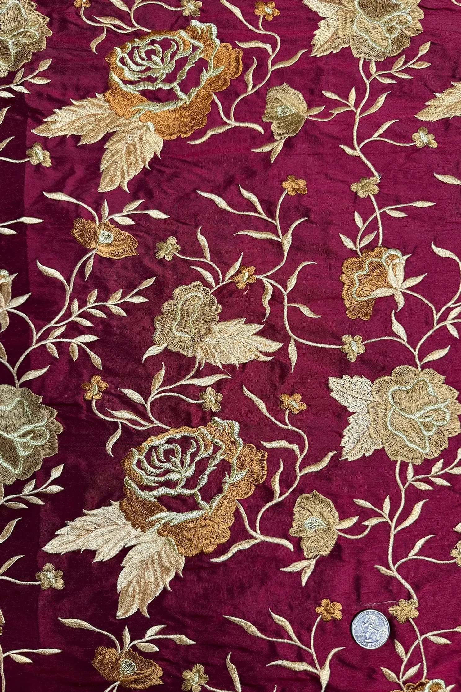 Maroon/Gold Embroidered Dupioni Silk MED-386/4