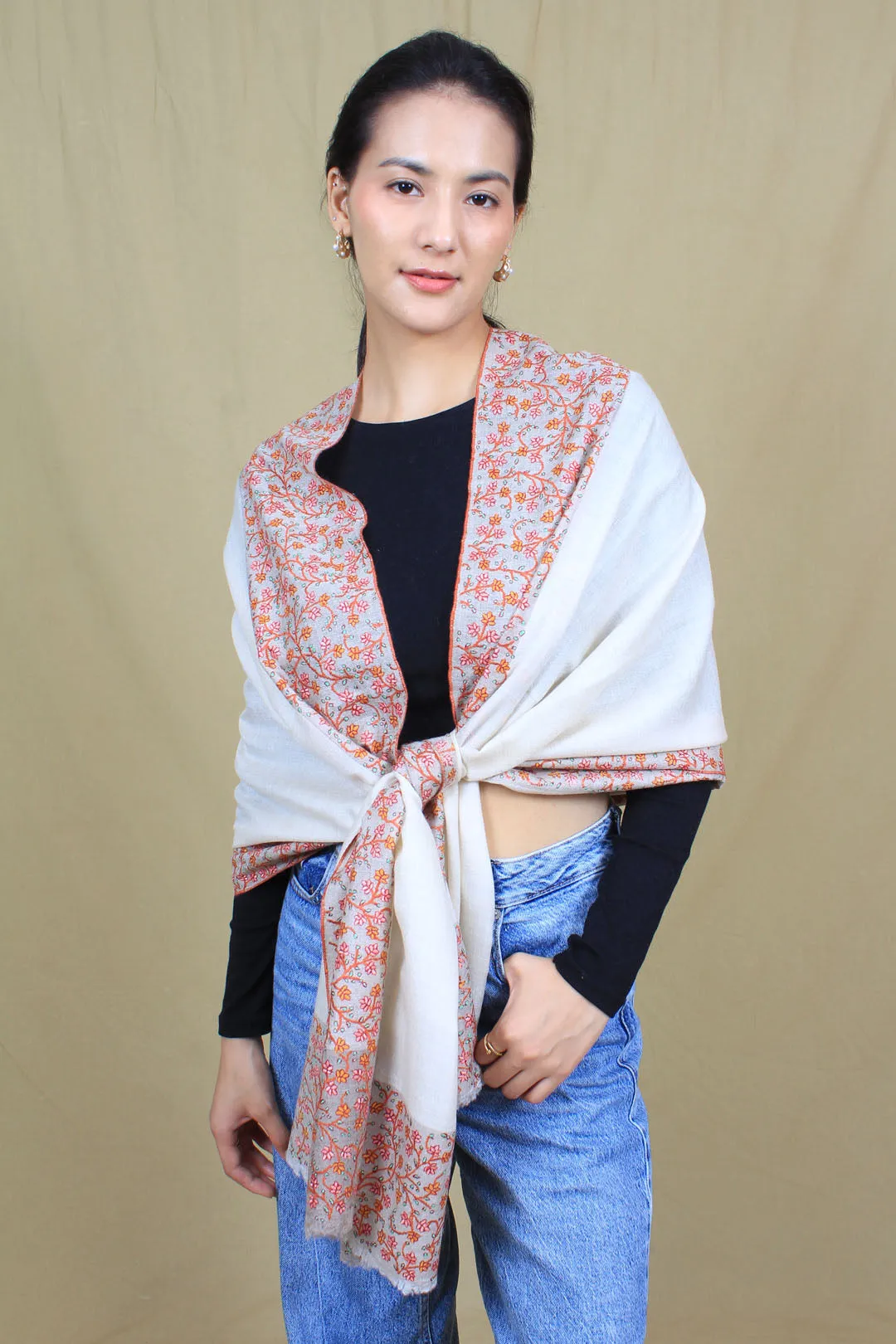 Meher Ivory Dourdar Sozni Embroidered Pashmina Stole