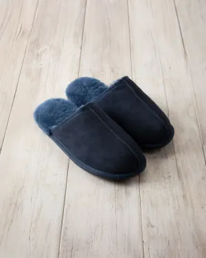 Mens Suede Sheepskin Mule Slippers - Navy