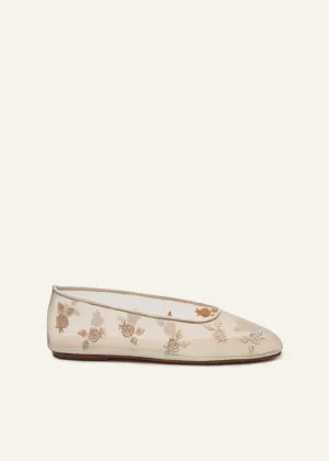 Mesh ballet flats in cream embroidery