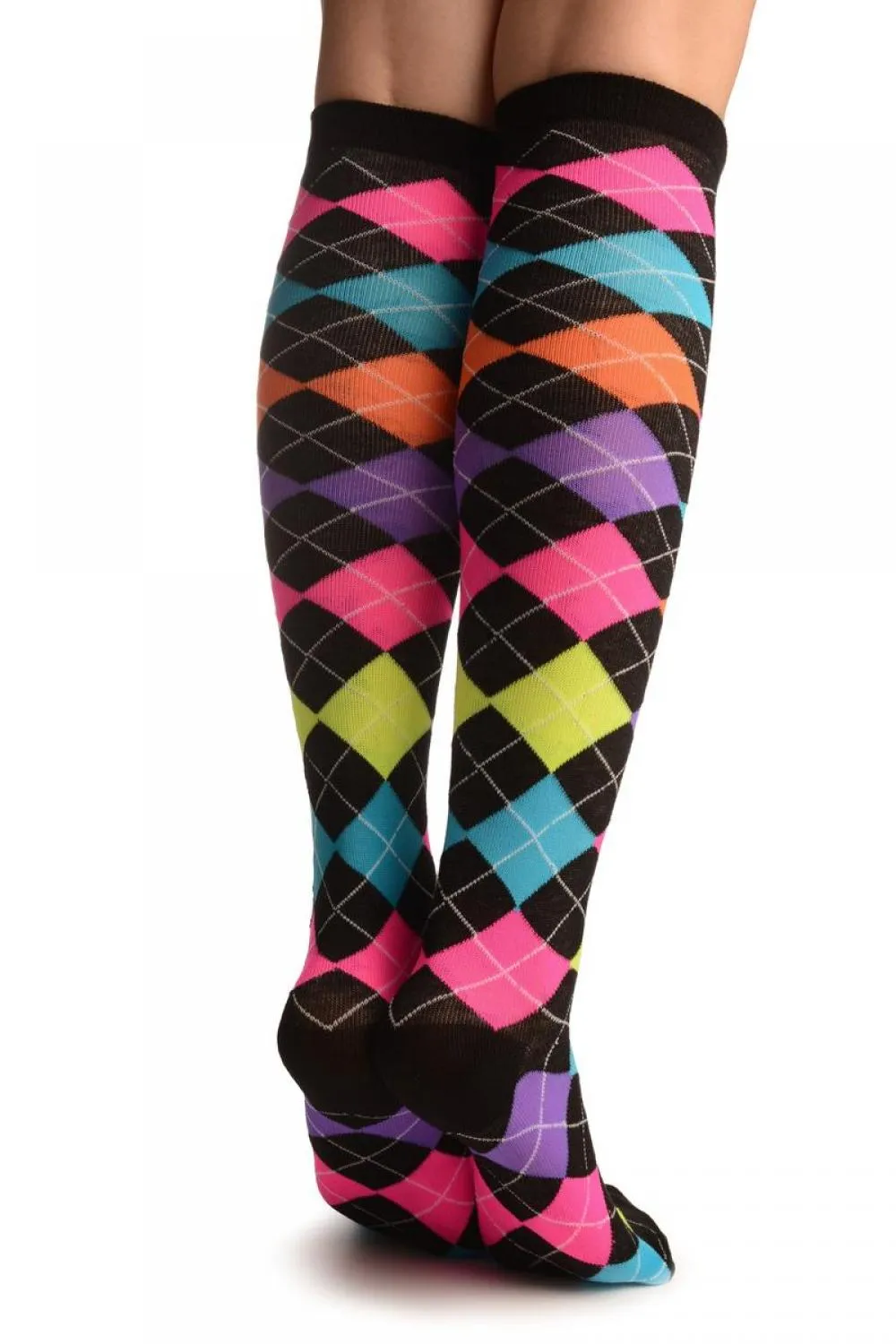 Neon Rainbow Argyle Socks Knee High