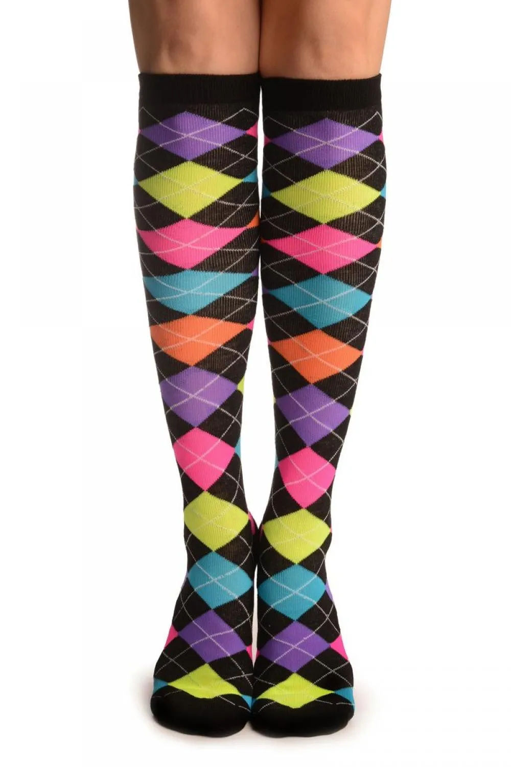 Neon Rainbow Argyle Socks Knee High