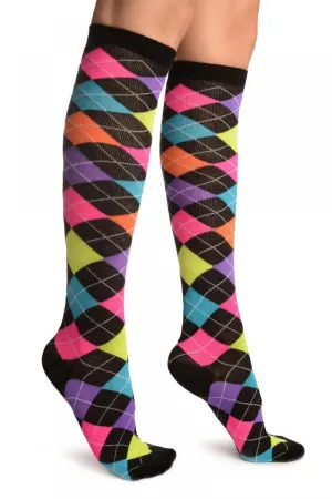 Neon Rainbow Argyle Socks Knee High