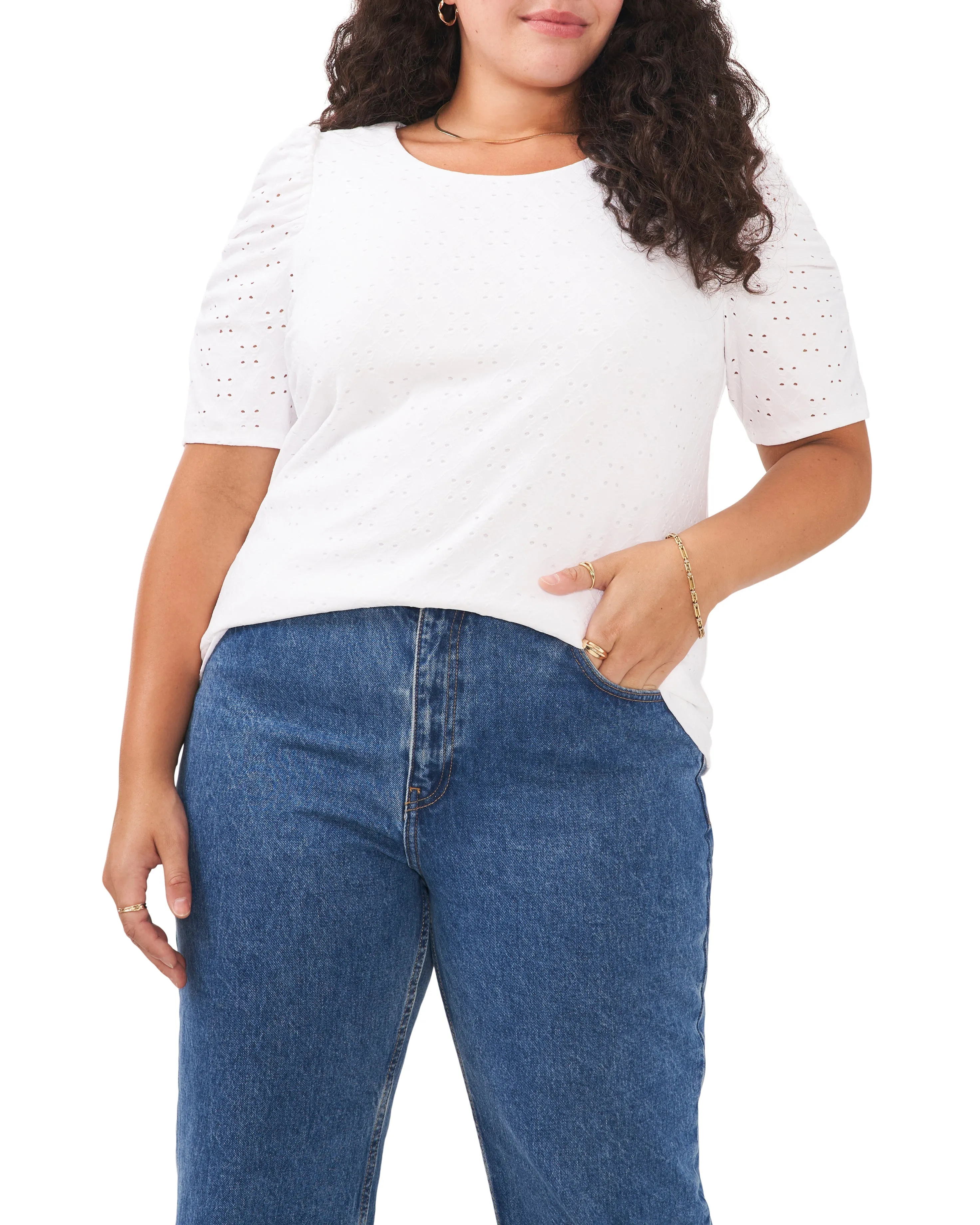 Plus-Size Ruched Sleeve Eyelet Top