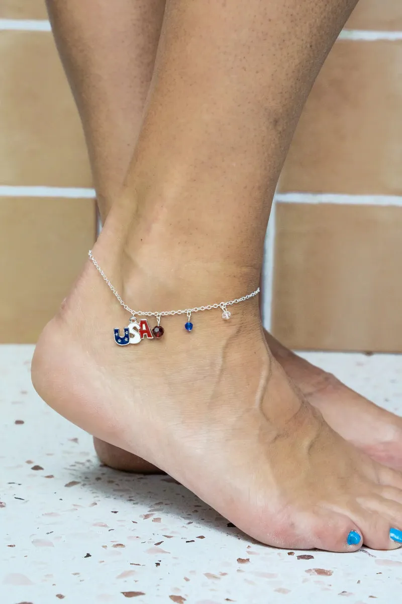 Red White & Blue 'USA' Silvertone Anklet