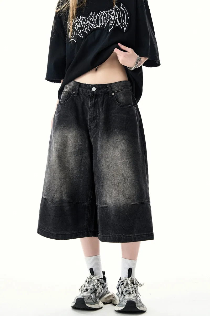 Retro Street Distressed Denim Cropped Pants Loose Straight Pants