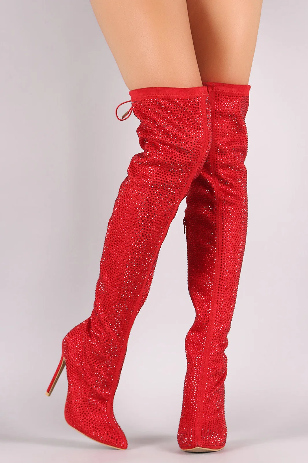 Rhinestone Pointy Toe Drawstring-Tie Stiletto Over-The-Knee Boots