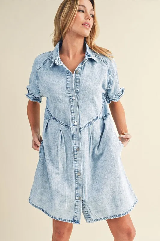 Ruffled Short Sleeve Buttoned Denim Dress